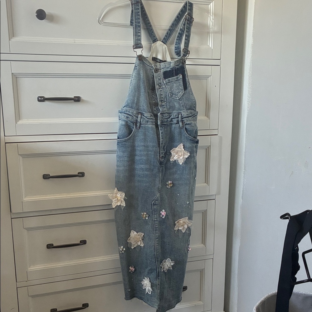 Gabby Isabella Denim Overall Dress with Floral Accents